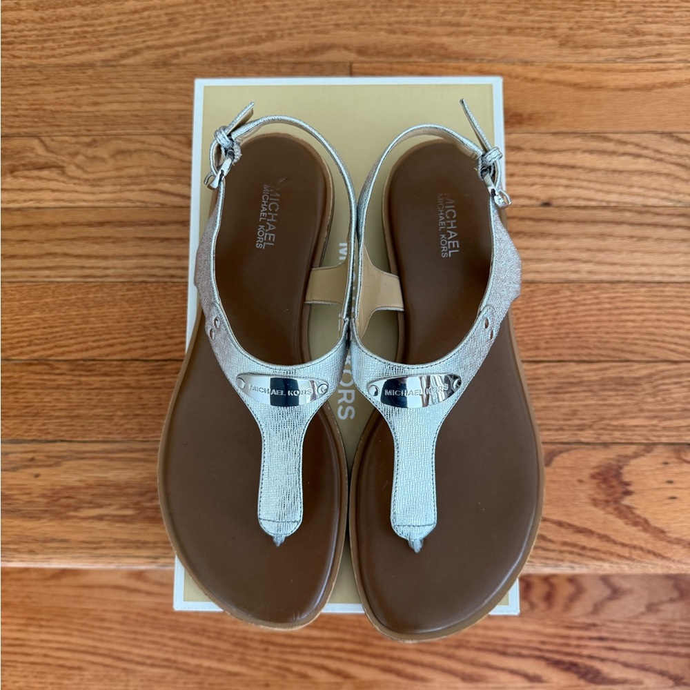 Michael Kors Silver Brown Sandals with T-Strap Design